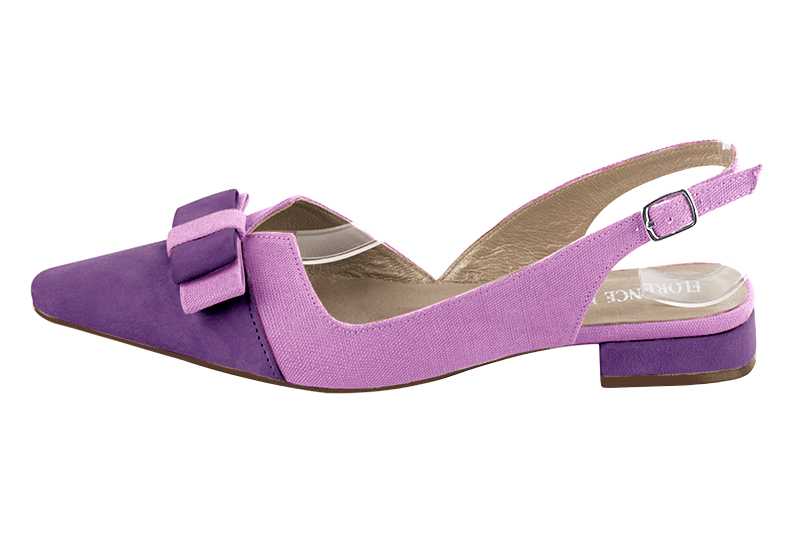 Amethyst purple women's open back shoes, with a knot. Tapered toe. Flat block heels. Profile view - Florence KOOIJMAN
